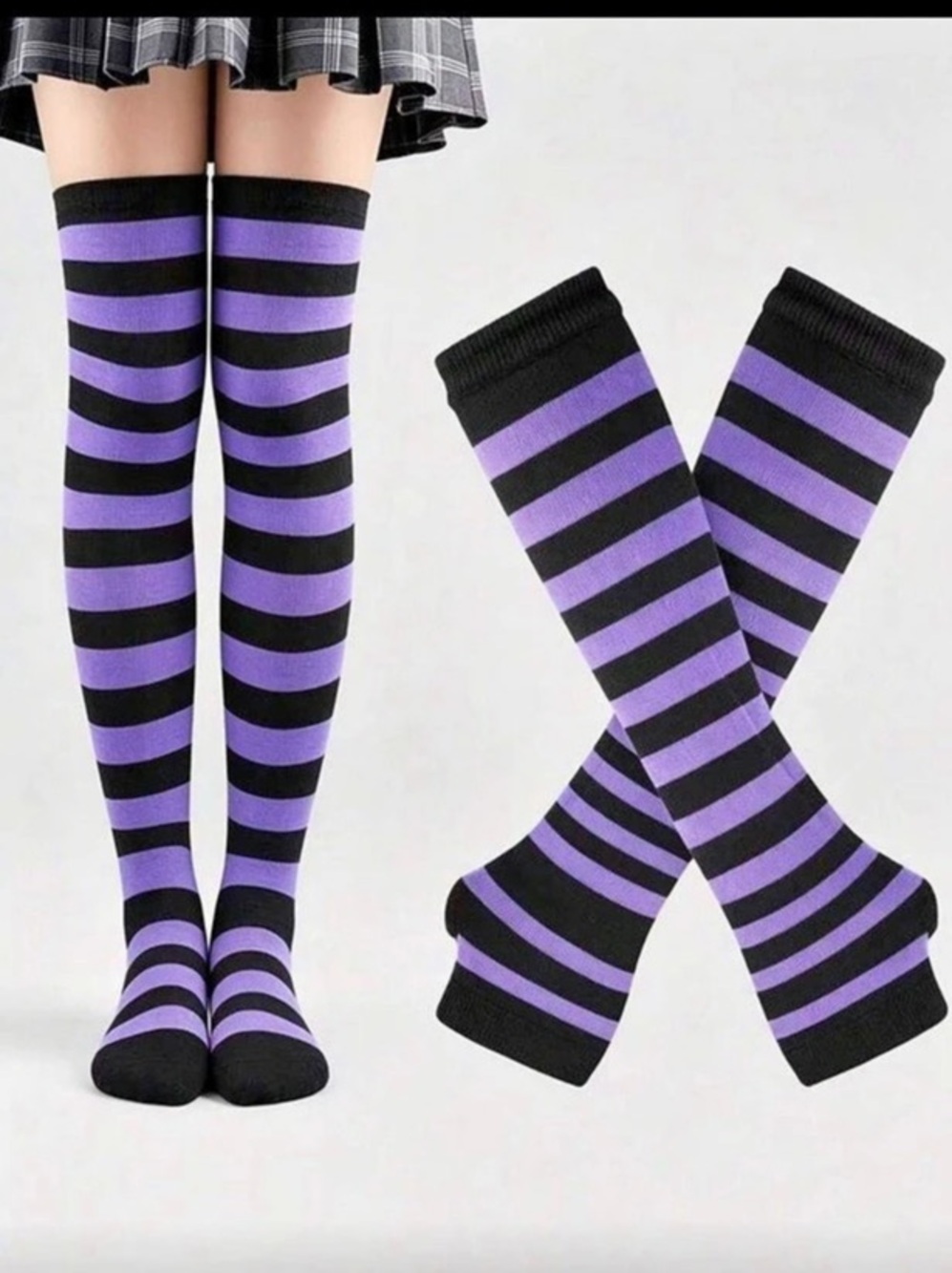 Purple & Black Striped Over-the-Knee Socks